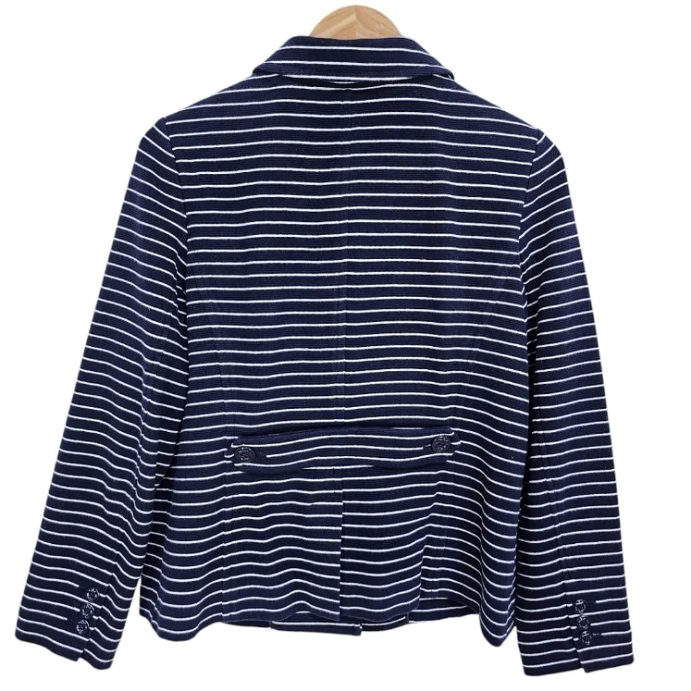 Talbots Cotton Blend Striped 3 Button Down Casual Blazer Navy White Size LP